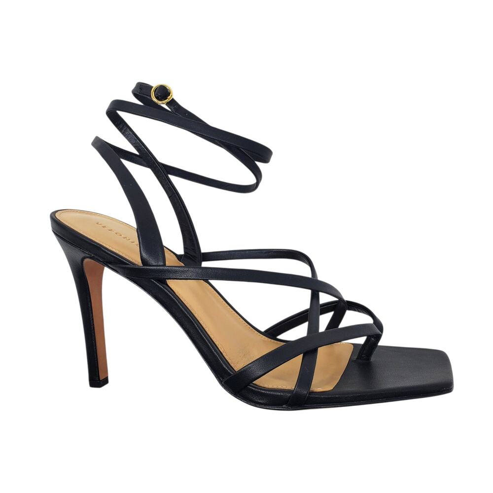 Veronica Beard Abriella Strappy High Heel Sandals Black Leather Thong Size 10 M